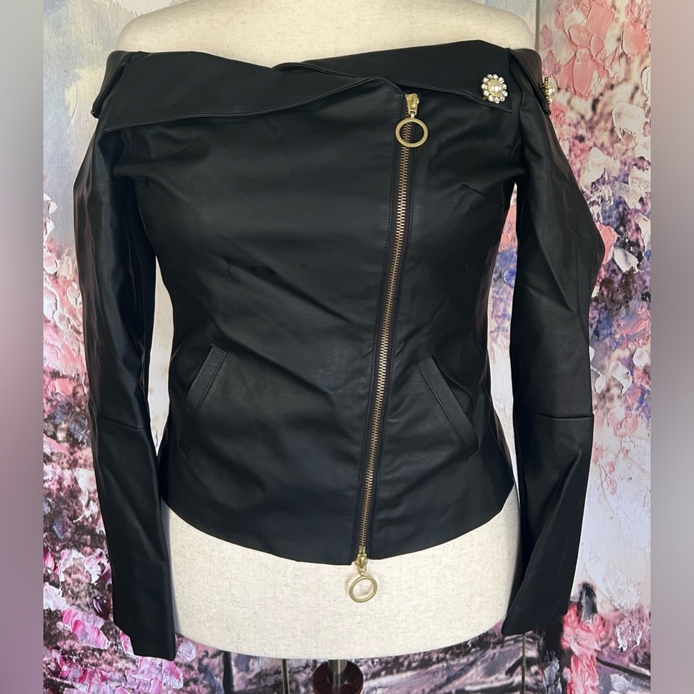 Venus - Black Off-Shoulder Faux Leather Top. Size 14